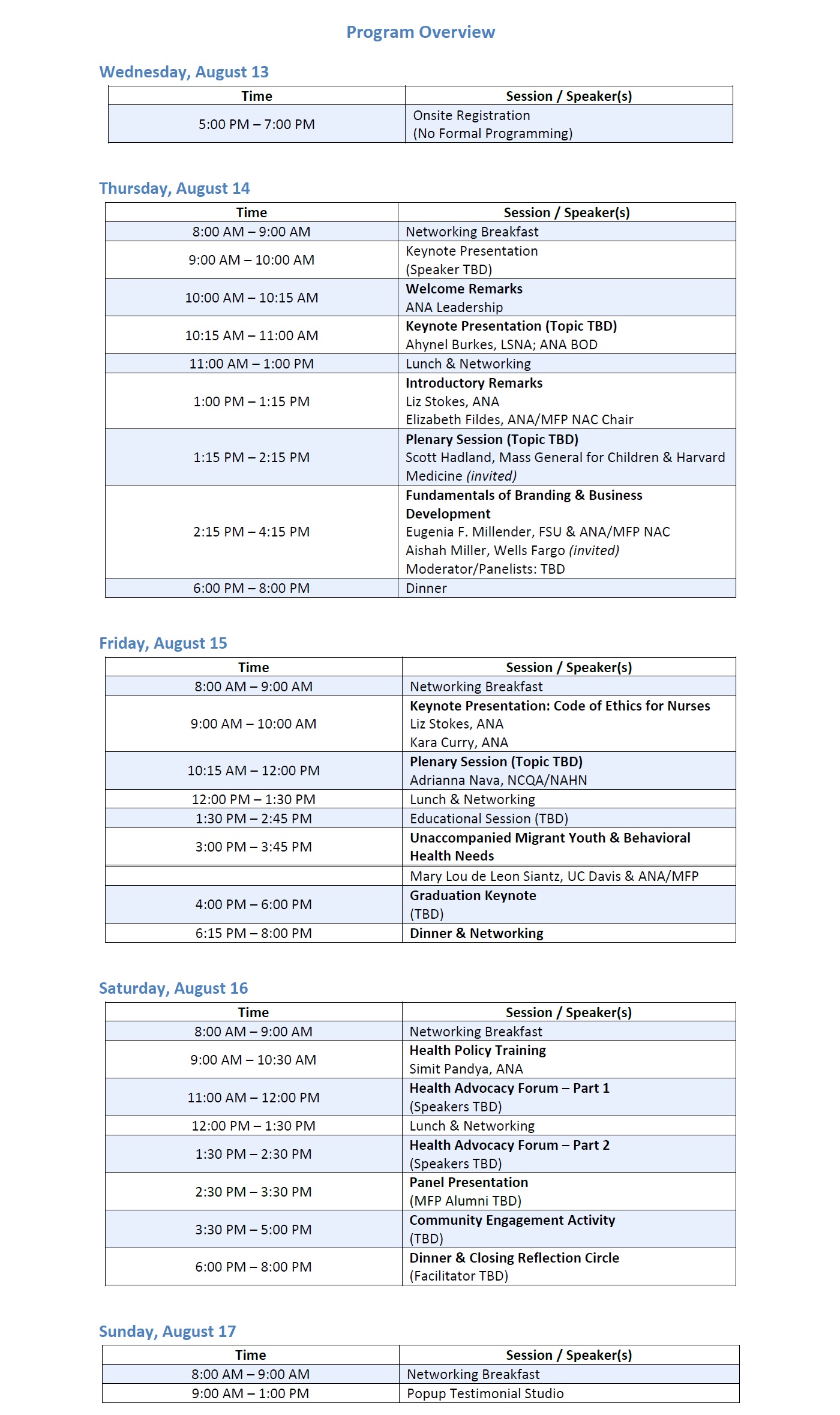 Agenda at glance